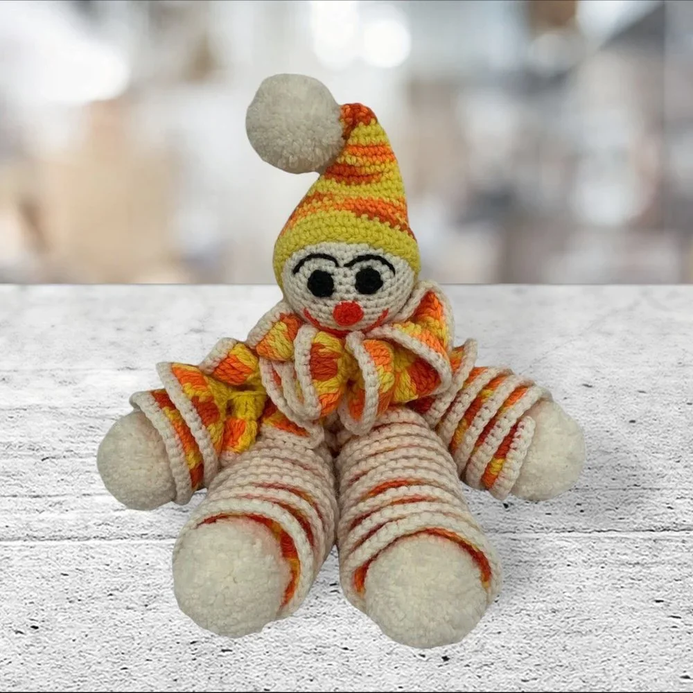 Vintage Crochet Creepy Clown Doll Handmade Multi Color Cute Spiral Weave 16”